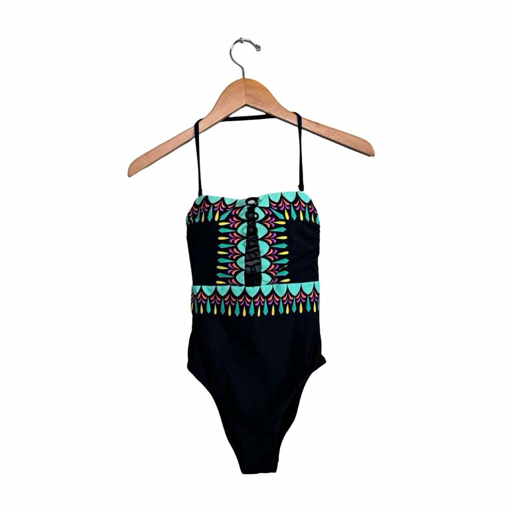 Trina Turk Geometric Lace Up Bandeau One Piece Swimsuit Lined Stretch XS